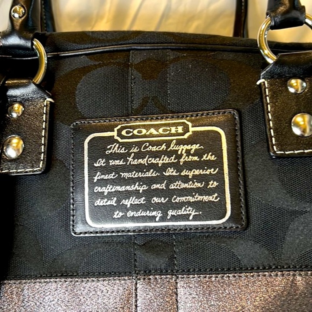 COACH Logo 2 Way Authentic Tote Bag duffel Charm Canvas Leather 10392 Black - Picture 3 of 10